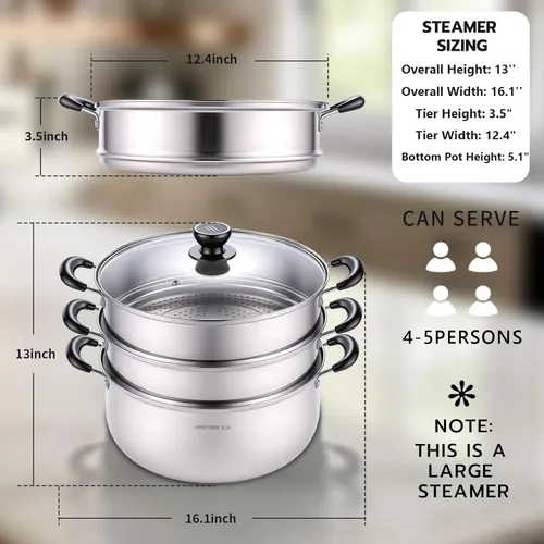 Miniatura 2 de Olla de vapor de acero inoxidable de 3 niveles de 24 cuartos de galón con tapa de vidrio, utensilios de cocina apilables multicapa para tamales
