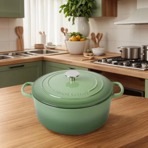Miniatura 8 de EDGING CASTING Olla de hierro fundido esmaltada con tapa para horno holandés, 5.5 cuartos de galón, para hornear pan, cocinar, verde pistacho