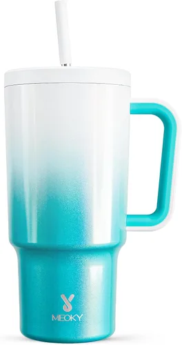 Meoky - Vaso de 30 oz con asa, tapa y pajilla, taza de viaje térmica de acero inoxidable 100% a prueba de fugas, para portavasos, mantiene el frío