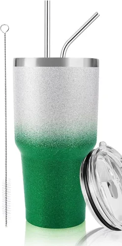 D·S Vaso de 30 onzas con purpurina verde de Navidad con gradiente de acero inoxidable de doble pared aislada al vacío con popote y tapa, cepillo de