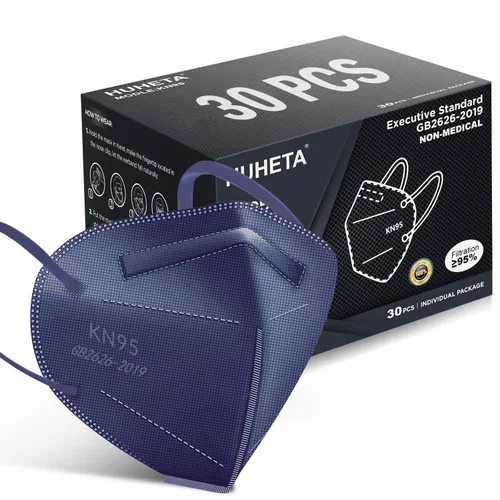 HUHETA Mascarilla KN95, paquete de 30 unidades envueltas individualmente, mascarilla de seguridad de 5 capas transpirable y cómoda, eficiencia del