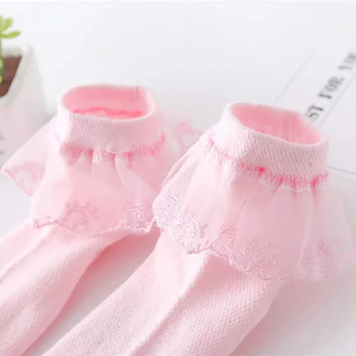 Miniatura 15 de Looching 4 pares de calcetines de encaje de princesa de algodón con volantes sólidos para niñas pequeñas