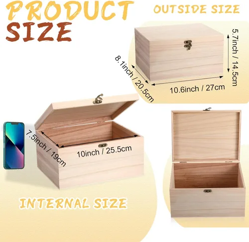Miniatura 3 de Yookeer 6 cajas grandes de madera sin terminar con tapa con bisagras y cierre frontal, cajas de madera rectangulares sin pintar, cajas de madera