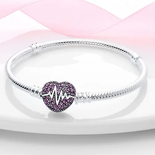 Miniatura 2 de LongLuck Pulsera clásica de cadena de serpiente con cierre en forma de corazón plata de ley 925 con dije de piedra cúbica se adapta a cualquier dije