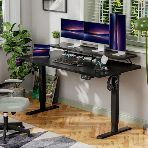 Miniatura 3 de Shahoo Escritorio eléctrico de pie con estante para monitor, mesa esquinera ajustable de altura de 63 x 24 pulgadas, estación de trabajo para Negro