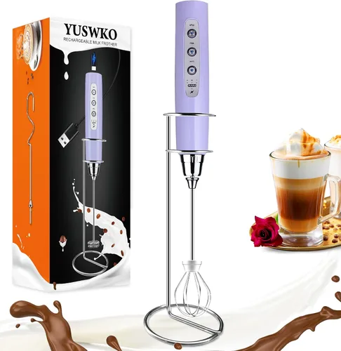 YUSWKO Espumador de leche recargable de color púrpura claro para café con soporte, mezclador manual con 3 cabezales, 3 velocidades, agitadores
