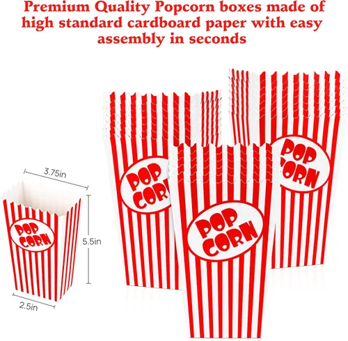 Zahaat 25 mini cajas de palomitas de maíz de 5.5 pulgadas de alto, bolsas de palomitas de maíz rojas y blancas, mini cubos de maíz y contenedor para