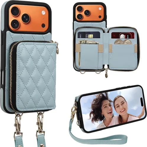 Miniatura 36 de Funda tipo cartera para iPhone 15 de 6.1 pulgadas, bolso cruzado con cremallera y correa para la muñeca con cordón para mujer, tarjetero con bloqueo