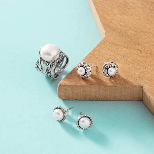 Miniatura 7 de Joolala Anillo individual de perlas blancas redondas cultivadas en agua dulce en plata de ley 925 para mujer, Plata Esterlina