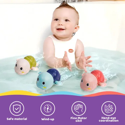 Miniatura 7 de LiKee Juguetes de baño, paquete de 3 con 3 colores, lindas tortugas de natación, juguetes de cuerda para bebés de 1 año en adelante, juguetes