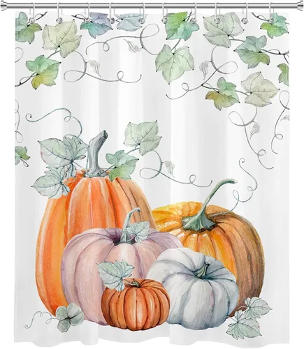 Miniatura 22 de LB Cortina de ducha de flores blancas y moradas para baño, lindo pájaro y hojas de otoño sobre tela beige con ganchos, juego botánico floral