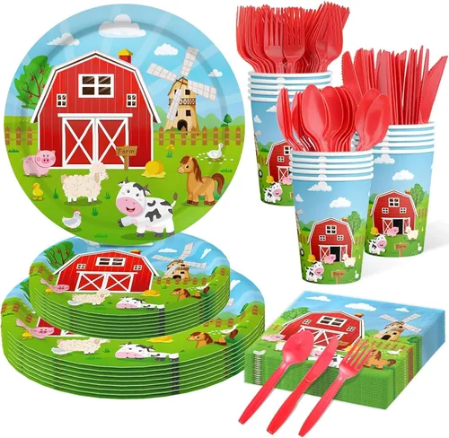 150 piezas de decoración de fiesta de cumpleaños de animales de granja, platos de granja, vajilla, granero, suministros para fiesta de cumpleaños,