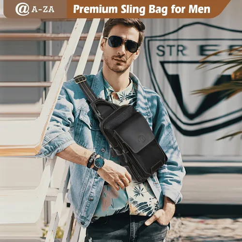 Miniatura 2 de Bolso bandolera de cuero genuino para hombre, mochila cruzada de cuero de grano completo para hombre, riñoneras, bolsa de pecho