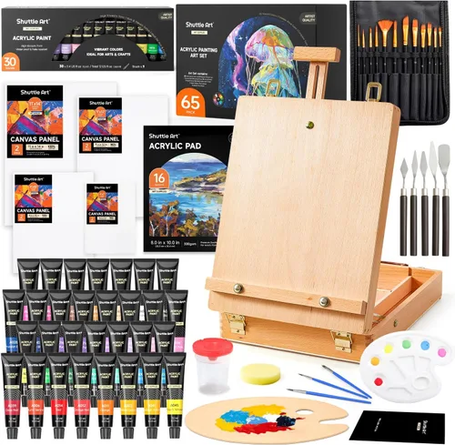 Juego de 65 Piezas de Pintura Acrílica, Juego de Pintura Acrílica Shuttle Art con Caballete de Madera, 30 Colores de Pintura Acrílica, Lienzo para