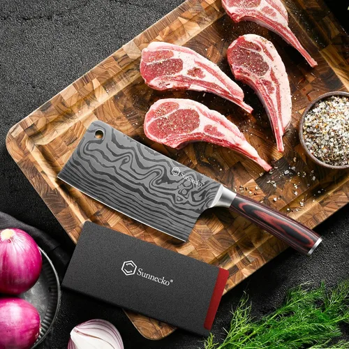 Miniatura 2 de Sunnecko Cuchillo de carnicero de 7 pulgadas, cuchillo chino de acero inoxidable de alto carbono con mango de madera, cuchilla afilada para carne