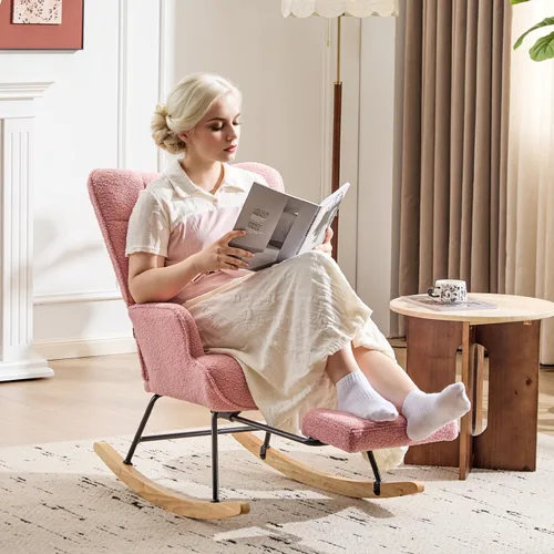 Miniatura 4 de Furniliving - Mecedora moderna tapizada para cuarto de bebé, silla de lectura con reposapiés retráctil, silla acentuada con respaldo alto, base