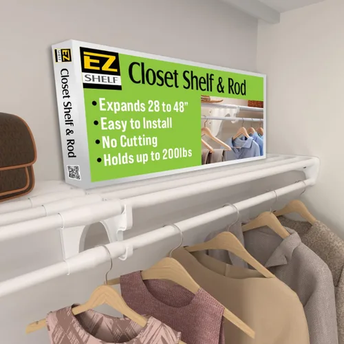 Miniatura 11 de EZ Shelf -Estante de armario expandible con barra para colgar- 63.3 a 118 pulgadas -Blanco- Fácil de instalar en 2 paredes laterales- (EZS-SCRW118)