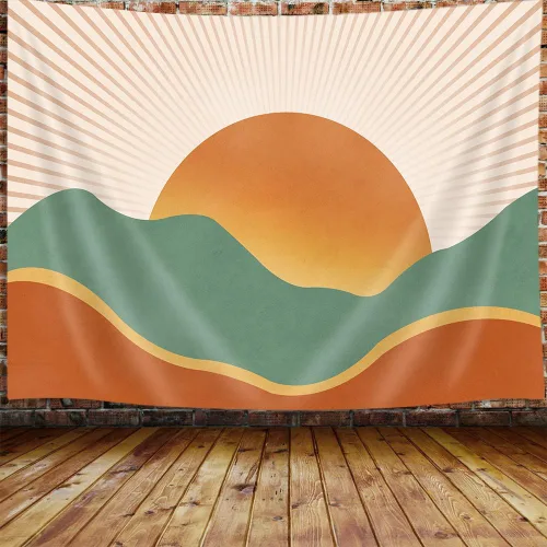 Miniatura 5 de JAWO Tapiz Bohemio Azul, Tapiz de Naturaleza con Montaña Abstracta y Sol Dorado para Colgar en la Pared para Dormitorio, Tapices de Paisaje