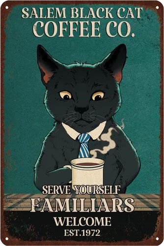 Cartel de gato retro de metal vintage carteles de lata para barra de café divertidos decoración de pared de cocina - salem gato negro café co.