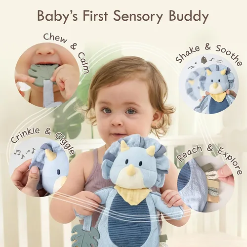 Miniatura 5 de Moonkie Baby Lovey con mordedor de silicona, manta de seguridad de dinosaurio con cintas texturizadas, juguetes arrugados, terciopelo Minky suave