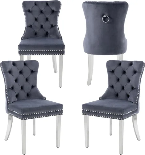 Sillas de Comedor de Terciopelo Juego de 4, Colección Nikki Sillas de Comedor con Patas de Acero Inoxidable Plateado y Anilla, Silla Lateral de Lujo