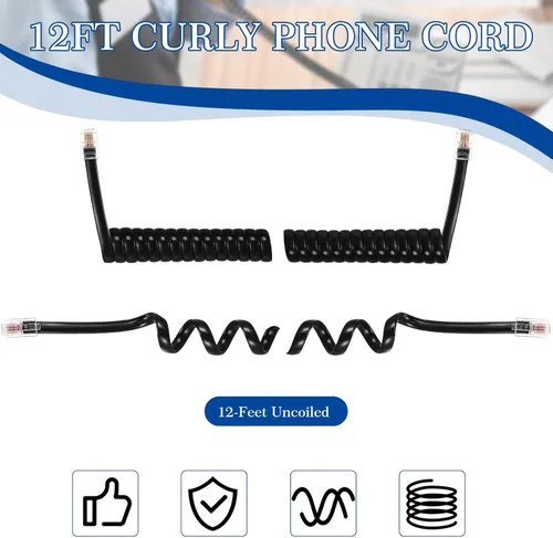 Miniatura 2 de Kanayu Paquete de 20 cables de teléfono negros de 12 pies para teléfono fijo en espiral a granel para uso con todos los accesorios de cable