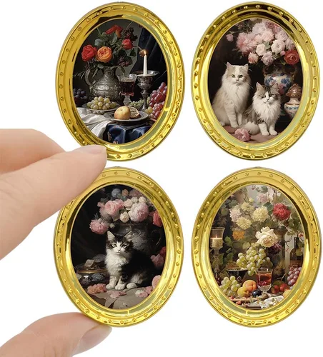 Miniatura 10 de iLAND Accesorios a escala 1/12, 4 marcos de fotos de casa de muñecas con 4 pinturas (flores y pájaros)