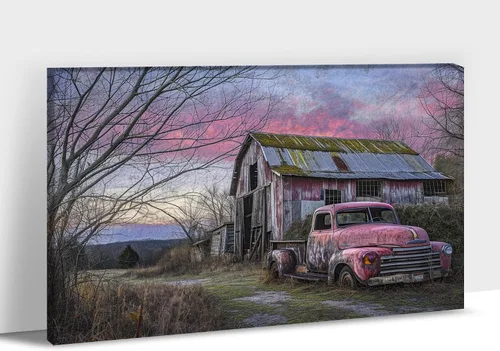 Miniatura 13 de Lienzo de pared de camión antiguo de granja, arte de pared de granero rústico, impresiones de lienzo de camioneta vintage de campo, impresiones