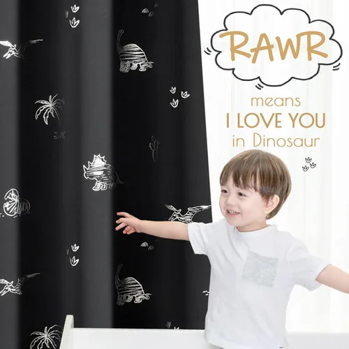Miniatura 3 de Vangao - Cortinas para niños con impresión de dinosaurio en negro, cortinas opacas para guardería, habitación de niñas y niños, estampado plateado