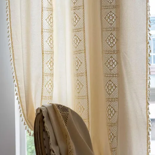 Miniatura 47 de Deeprove Cortinas bohemias para dormitorio, rayas huecas de ganchillo crema y estampado floral, tela de lino de algodón, con borlas beige bohemias