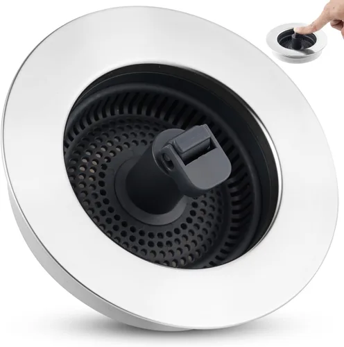 Miniatura 11 de Combo Universal 3 en 1 de Colador y Tapón de Drenaje para Fregadero de Cocina, Carcasa de Acero Inoxidable Negro con Tapón Emergente para Filtro