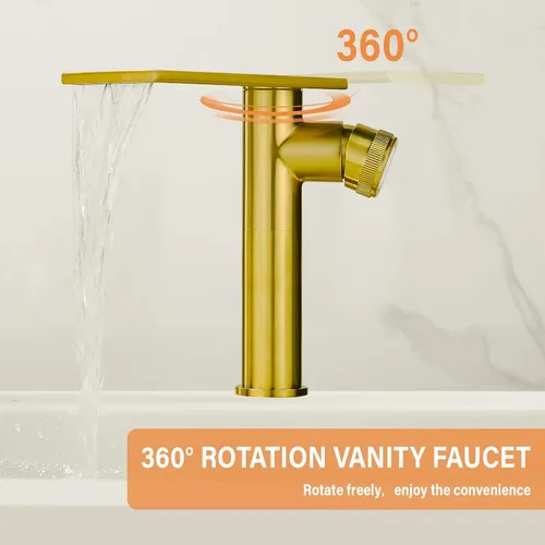 Miniatura 7 de Becola Grifo mezclador de lavabo alto tipo cascada de oro cepillado moderno con perillas ajustables y dos líneas de suministro