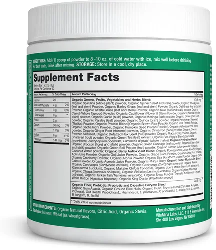 Miniatura 8 de Zena Nutrition Polvo de Súper Verdes Orgánico, Más de 70 Superalimentos, 0 Azúcar, 3G de Fibra, Espirulina, Chlorella, Hongos