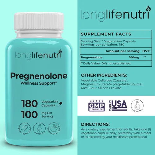 Miniatura 2 de Pregnenolone - Soporte para el cerebro y las hormonas - 180 cápsulas vegetales para mejorar la memoria, la concentración y la vitalidad - Fabricado