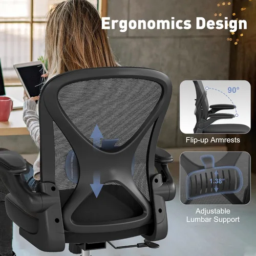 Miniatura 4 de ZZH Silla de oficina de malla con soporte lumbar ajustable y brazos abatibles, silla de escritorio ergonómica para oficina en casa con ruedas