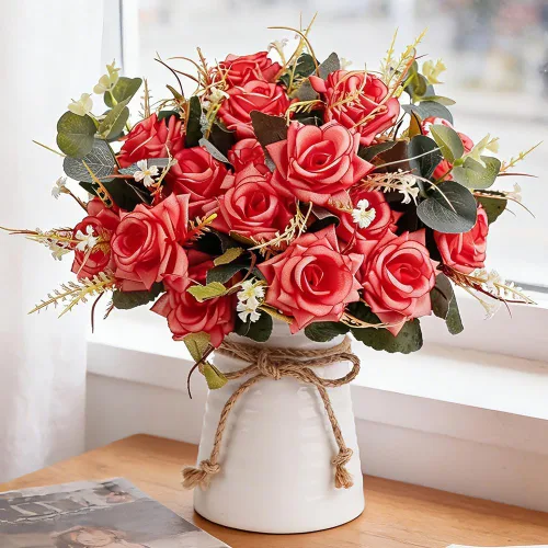 Miniatura 9 de LESING Rosa artificial con jarrón, ramos de flores de seda falsas en jarrón, arreglo de centro de mesa para cocina, sala de estar (champán-1)