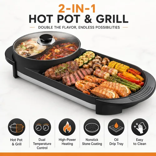 Miniatura 8 de SEAAN Olla caliente con parrilla, parrilla eléctrica para interiores, Shabu Shabu Shabu Pot coreana sin humo, doble temperatura contral, capacidad