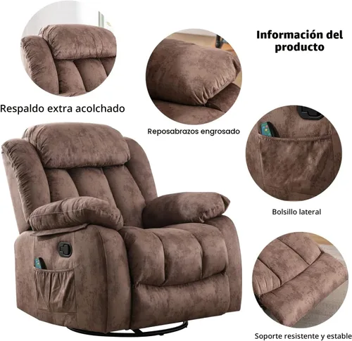 Miniatura 8 de CANMOV Sillón Mecedora Reclinable de Masaje con Calor y Vibración, Giratorio Manual de 360 Grados, Tela Antideslizante, Sofá Individual de Servicio