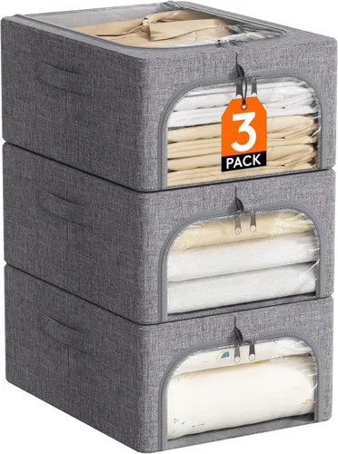 Lifewit Contenedores de almacenamiento de ropa con marco de metal, paquete de 3, bolsas de almacenamiento apilables de tela con tapas, cremallera,