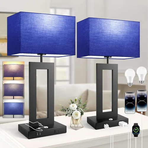 Miniatura 20 de Kondras Juego de 2 lámparas de mesa para dormitorios, 3 temperaturas de color, control táctil, lámparas de noche con 2 puertos USB y salida de CA