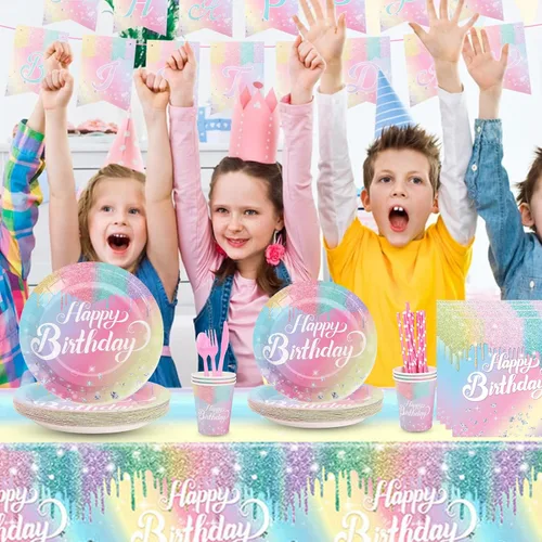 Miniatura 3 de Juegos de Platos y Servilletas de Cumpleaños Arcoíris, Suministros para Fiestas de Cumpleaños Rosa, Platos de Diamante con Purpurina