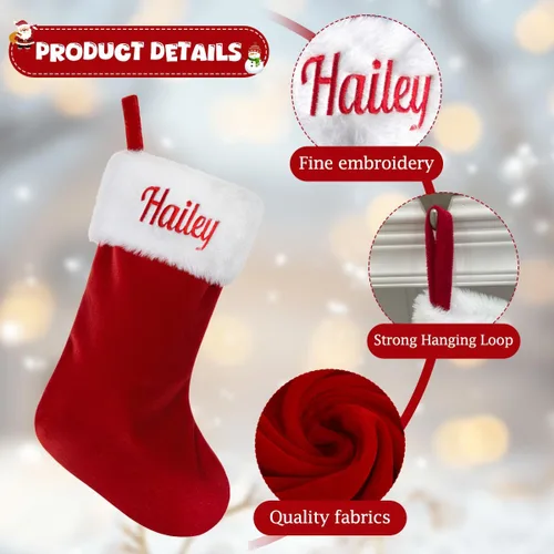Miniatura 3 de Ulico Medias personalizadas de Navidad, medias familiares con nombre personalizado, media grande de terciopelo rojo de 20" con puño suave de felpa
