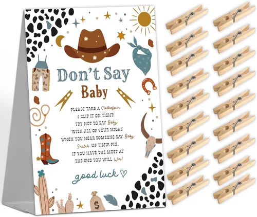Letrero de juego de vaquero para baby shower (1 letrero + 50 mini pinzas para la ropa) para decoraciones y recuerdos de fiesta de revelación de