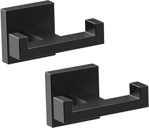 BOZWELL Ganchos dobles para toallas para baño, montaje en pared negro mate, paquete de 2 ganchos modernos de estilo cuadrado para bata, colgador de