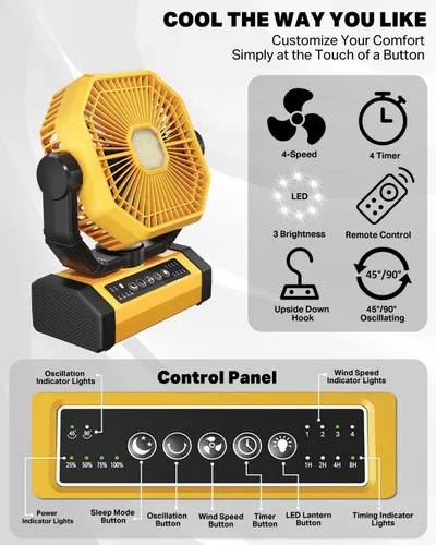 Miniatura 3 de Ventilador recargable portátil de 70 horas 20000 mAh de 9 pulgadas con oscilación automática/remoto/temporizador/luz LED, ventilador de camping