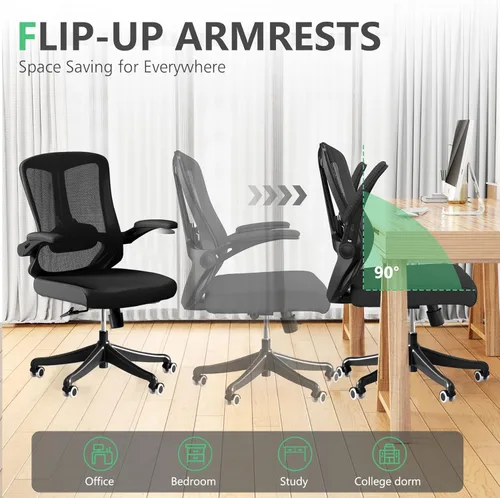 Miniatura 5 de Silla ergonómica de malla para computadora de oficina de 300 libras, silla de escritorio con ruedas de altura ajustable con reposabrazos abatibles