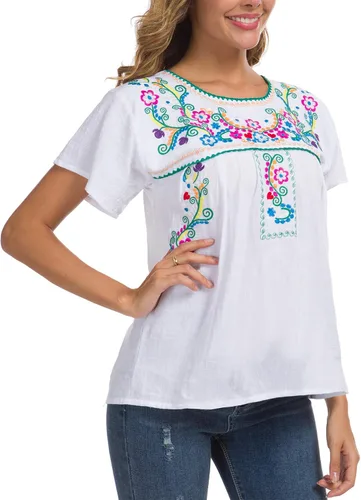 Miniatura 9 de YZXDORWJ - Blusa mexicana bordada para mujer - Camisa de verano manga corta