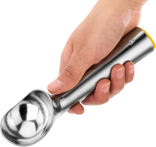 Miniatura 4 de New Star Foodservice Cuchara comercial para helados, tamaño 12, cuchara de aluminio para helado de 3 onzas con mango amarillo, solo lavar a mano