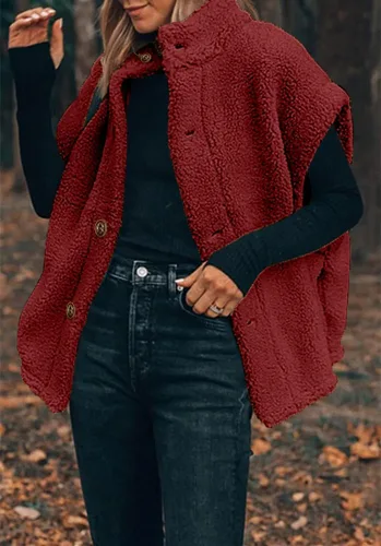 Miniatura 3 de Hongqizo - Chaleco de forro polar mullido para mujer, casual, de gran tamaño, cálido, con botones, chaqueta de sherpa con bolsillos