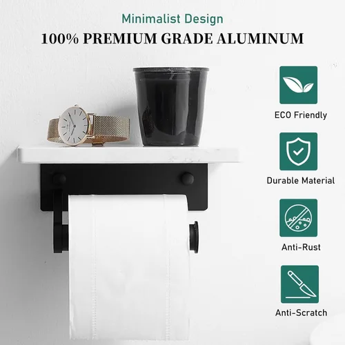 Miniatura 3 de Soporte de papel higiénico de aluminio negro mate Hoimpro con estante de mármol natural blanco, soporte de almacenamiento de rollo de papel de mano